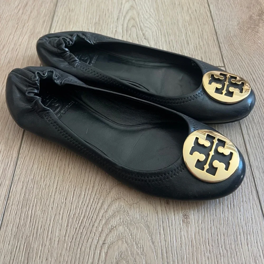 Tory Burch Minnie Travel Ballet Flats Black Leather Gold Logo Women's 6.5M